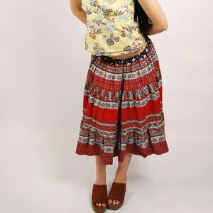 70s Peasant Midi Skirt (M) medium red blue vintage floral print boho hippie cute